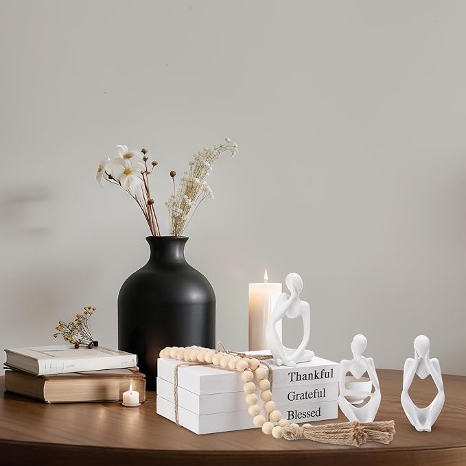 Beeveer 3 Pcs Decorative Books for Home Decor, White Faux Books for Decoration, White Resin Thinker Statue Abstract Art Sculptures, Rustic Farmhouse Beads Centerpiece for Room Office Shelf Desktop