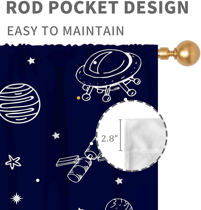 Kids Space Curtains for Boys Room, Cartoon Rocket Universe Galaxy Space Planets Navy Blackout Kids Window Drapery Treatments for Bedroom Living Room Nursery Playroom 2 Panels, 63"x72" Inch