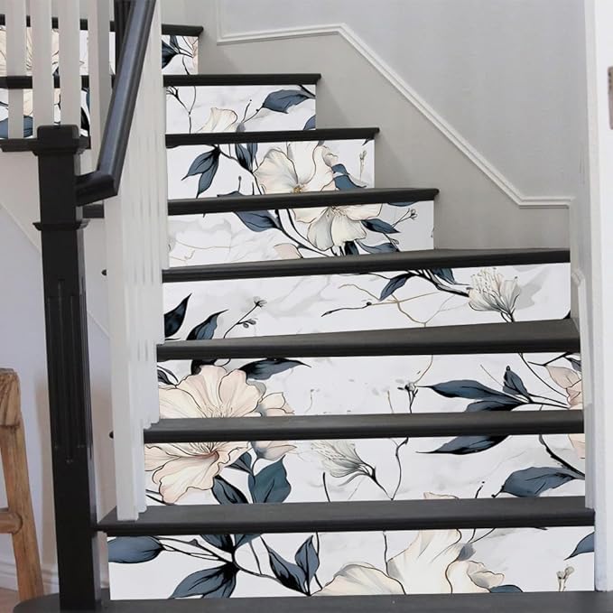 REDAMANCY Abstract White Marble Floral Dark Navy Leaf Vintage Peel and Stick Vinyl Stair Riser Decals Staircase Tile Stickers Decor Modern Marble Decoration Self-Adhesive(14 Pcs)