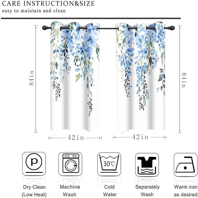 Blue Watercolor Floral Curtains, 42x84 inch, 2 Panels | Botanical Leaves Vine Flowers, Rustic Farmhouse, Blackout Window Treatment, For Bedroom Living Room