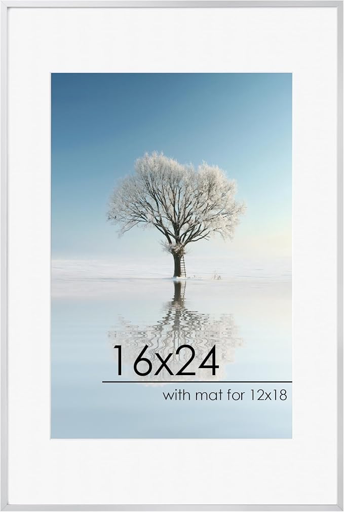 FLYJOE 16x24 Frame | 16x24 Poster Frame With Mat For 12x18 | Metal Aluminum Picture Frame With Tempered Glass | Minimalist Modern Poster Frame | Hanging Hardware Included | Silver