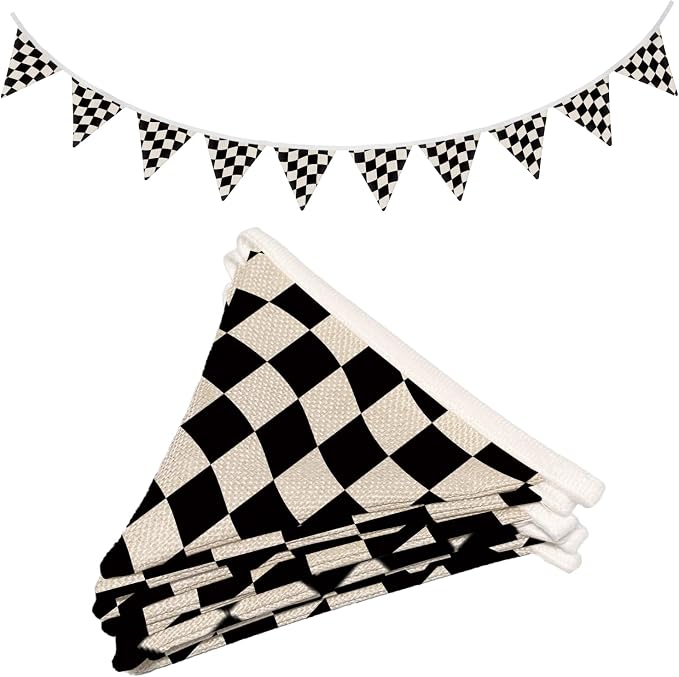 Boys Room Wall Art Decor, Black and White Checkered Garland Triangle Banners, Cars Room Decor for Toddler Nursery Playroom, Racing Flags 11Ft Bunting Flags Fabric for Boys Kids Bedroom Decor