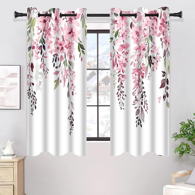 Pink Watercolor Floral Curtains, 42x63 inch, 2 Panels | Botanical Leaves Vine Flowers, Rustic Farmhouse, Blackout Window Treatment Drapes, For Bedroom Living Room