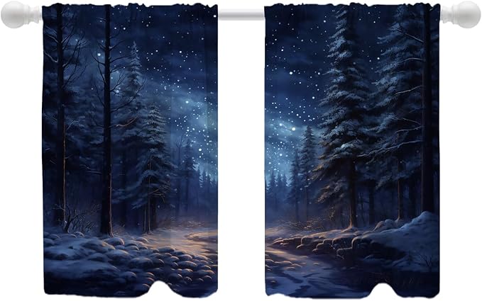 Shrahala Winter New Year Blackout Curtain Tiers, Stars Forests Snow Night Kitchen Valance Light Blocking Tier Drapes with Rod Pocket, 2 Pack 26 X 36 in