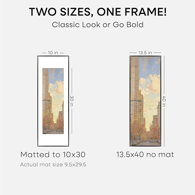 Homeforia 13.5x40 Panoramic Frame Black, High End Metal 13.5x40 Picture Frames with Mat 10x30 Photo, 13.5 x 40 Poster Frame Matted to 10 by 30 Print, 40x13.5 Frames, Tempered Glass, Wall Kit, Set of 2