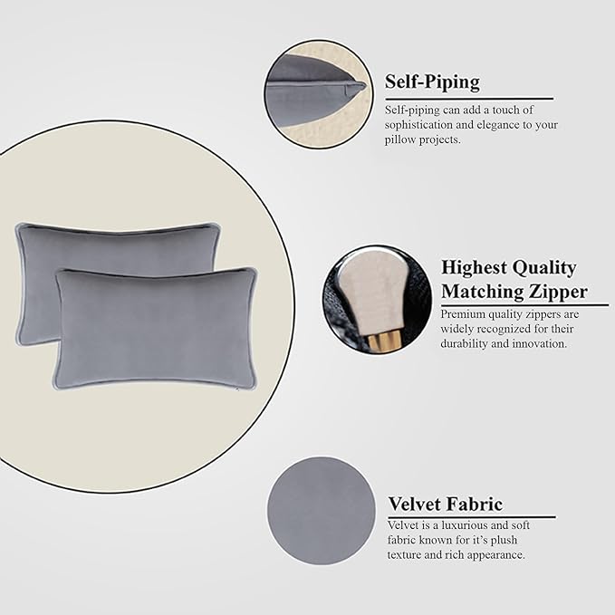 A1HC Set of 2 Luxurious Fine Soft Velvet Throw Pillow Covers Only, for Sofas, Beds, Vibrant Colors and Hidden Zipper. Enhance Your Living Space with Decorative Couch Pillow 12"x20", Dark Grey