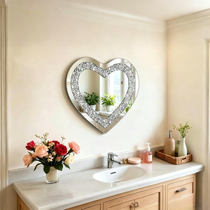DMDFIRST Crystal Crush Diamond Heart Shaped Silver Mirror for Wall Decoration 20x20x1 inch Wall Hang Frameless Mirror Acrylic Diamond Décor.