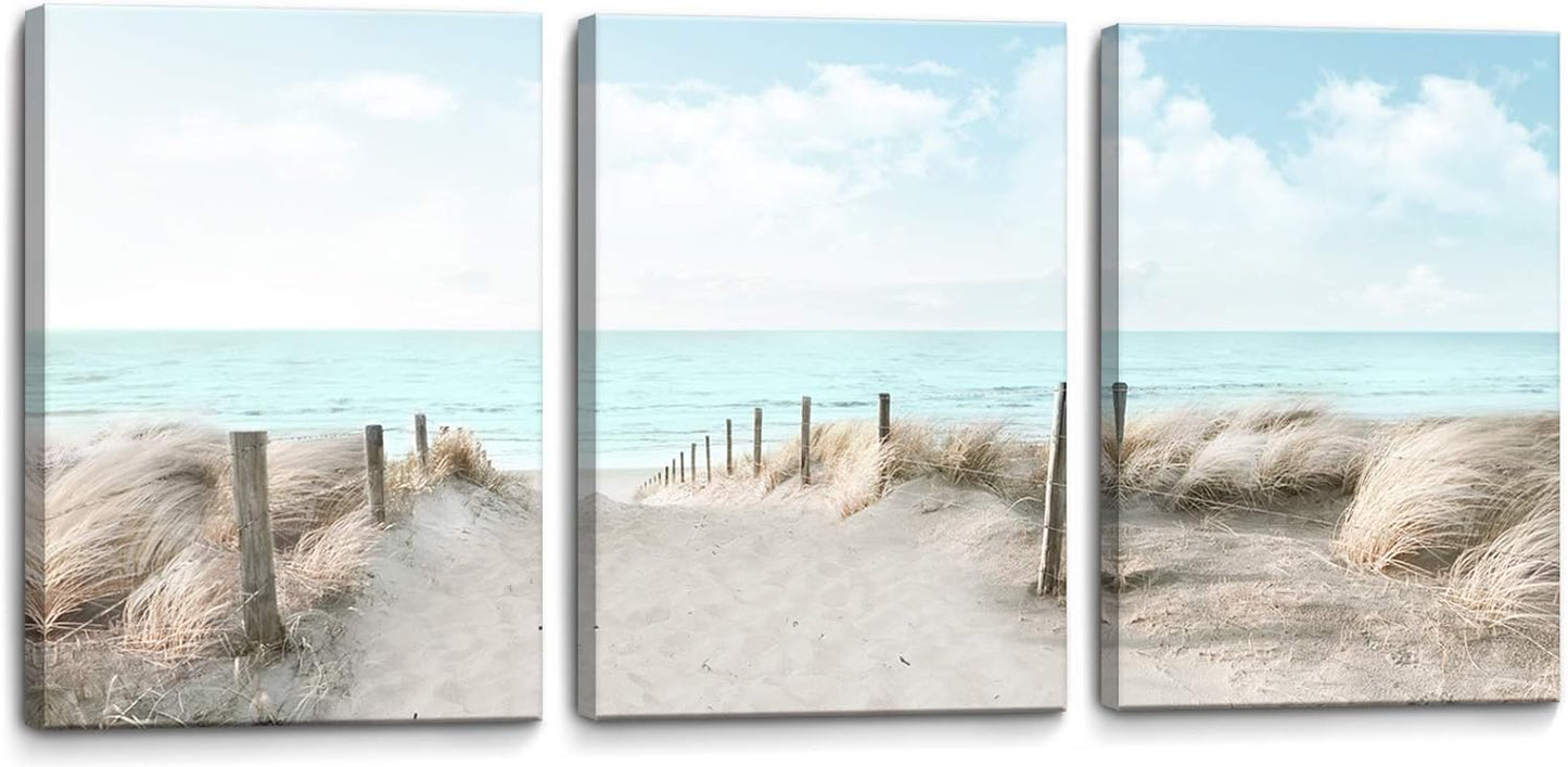 3 Piece Large Canvas Bedroom Wall Art Beach Blue Sea Blue Sky Print Picture Framed Wall Decor for Living Room Bathroom Modern Home Decor Artwork Ready to Hang Coastal Wall Decorations Size 16x24x3
