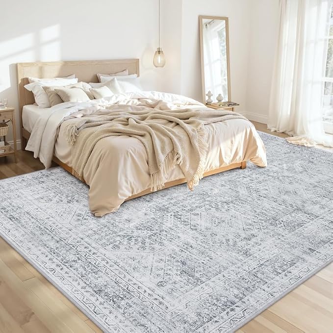 8x10 Area Rugs for Living Room: Vintage Boho Neutral Washable Rug Indoor Soft Large Area Rug Carpet for Bedroom Nursery Farmhouse Dining Room Office Floor Non-Slip Low Pile Under Table Rug Gray