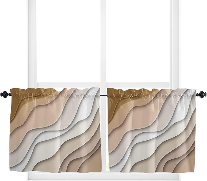 T&H XHome 24 Inch Long Tier Curtains for Kitchen, Modern Abstract Geometric Beige Gradient Bathroom Window Curtains Rod Pocket Short Curtains Window Treatment Tiers for Living Room Farmhouse 2 Panels
