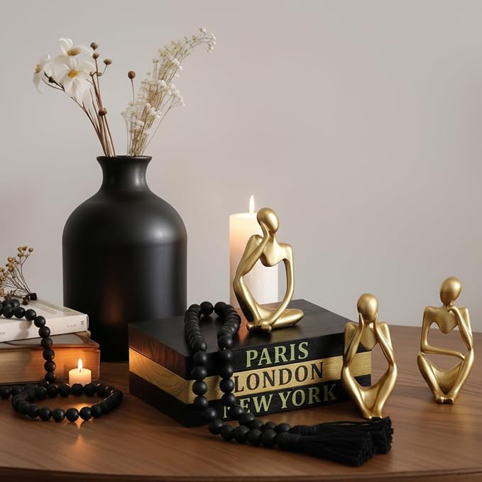 Beeveer 3 Pcs Decorative Books for Home Decor, Faux Books for Decoration, Resin Thinker Statue Abstract Art Sculptures, Rustic Farmhouse Beads Centerpiece for Room Office Shelf Desktop (Black Gold)