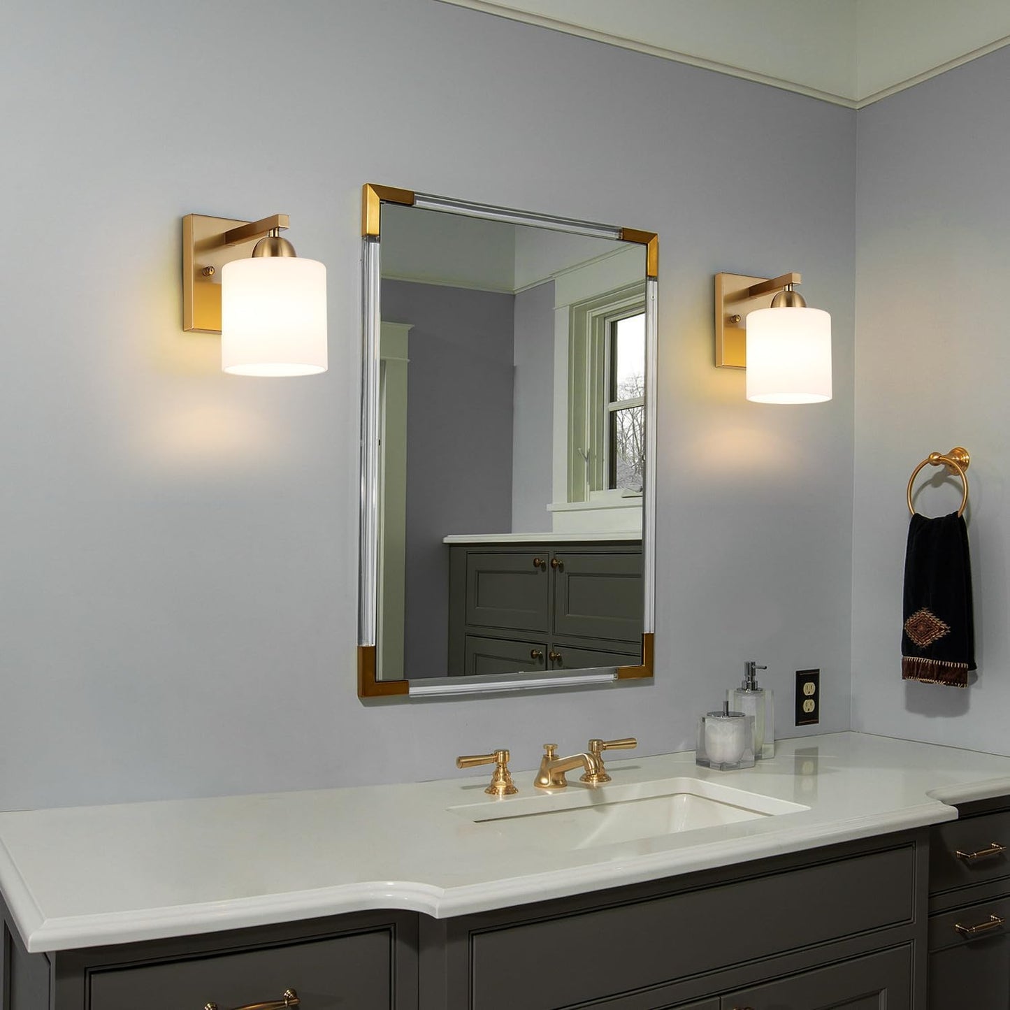 Gold Milk Glass Wall Sconces, 1 Pack Hardwired Indoor Wall Light Fixtures for Living Room, Hallway, Bedroom, Ceramic E26 Sockets (Bulbs Not Included)