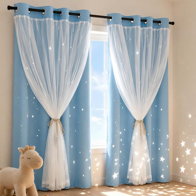 Star Cutout Blackout Curtains Double Layer Curtains with Durable Sheer Curtains for Bedroom Thermal Insulated Window Treatment Set with 2 Free Tiebacks (52Wx63L 2 Panels Sky Blue)