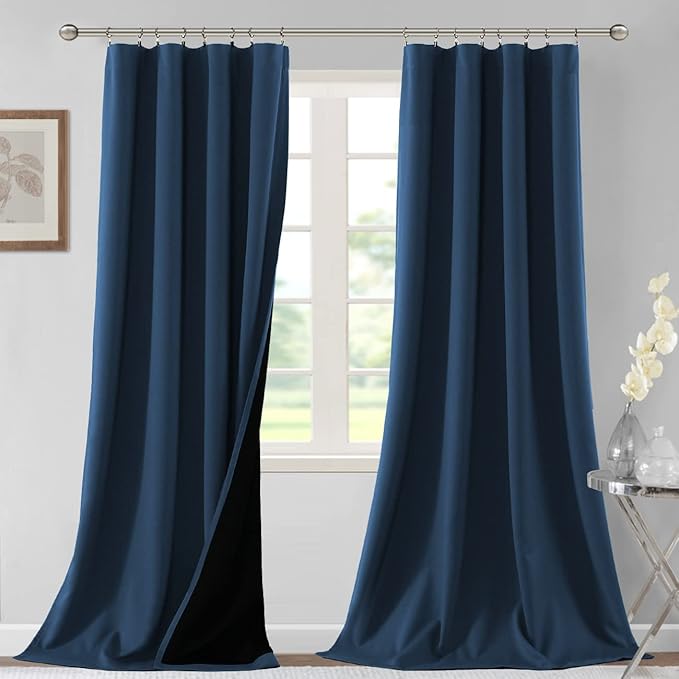H.VERSAILTEX 100% Blackout Curtains for Bedroom Thermal Insulated Blackout Curtains 96 Inches Long Rod Pocket/Clip Rings Curtains for Living Room with Black Liner 2 Panels, Navy