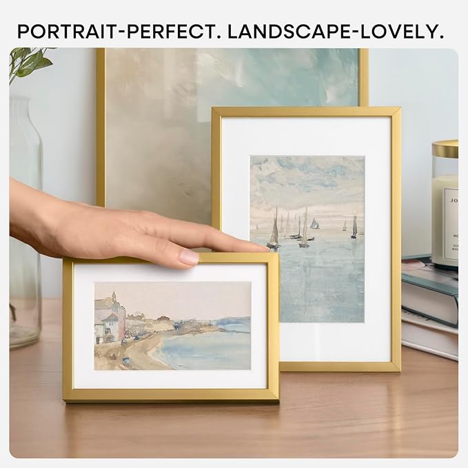 Homeforia 8x11 Picture Frame Gold, High End Metal 8 x 11 Poster Frames with Mat 6 by 9 for Photo, 11x8 Frame Matted to 6x9 inch Print, 8by11 Wall or Tabletop Frames, Tempered Glass, Wall Kit, Set of 3
