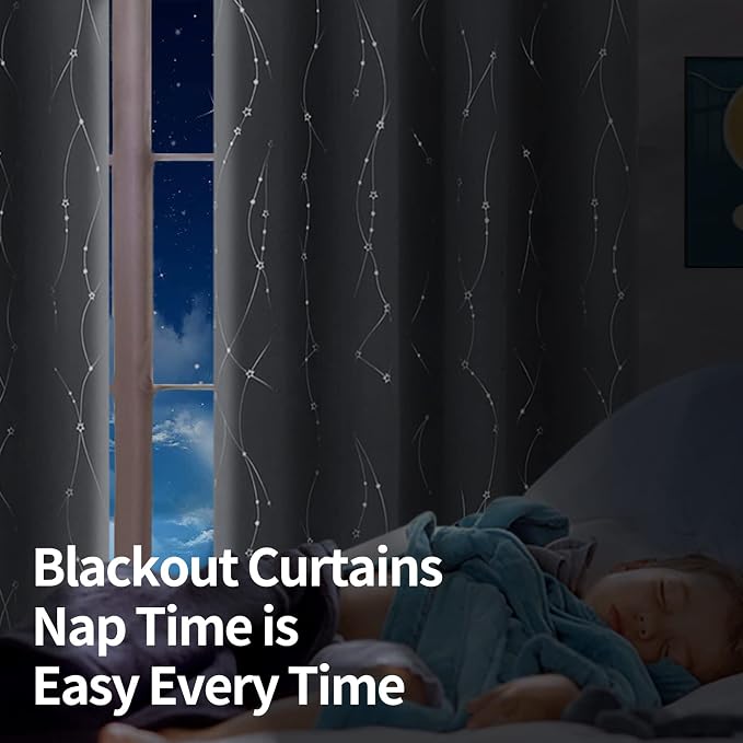 BGment Star & Lines Grey Blackout Curtains 84 Inch Length 2 Panels Set, Thermal Insulated Privacy Grommet Window Drapes for Kids Boys Bedroom, 52 x 84 Inch