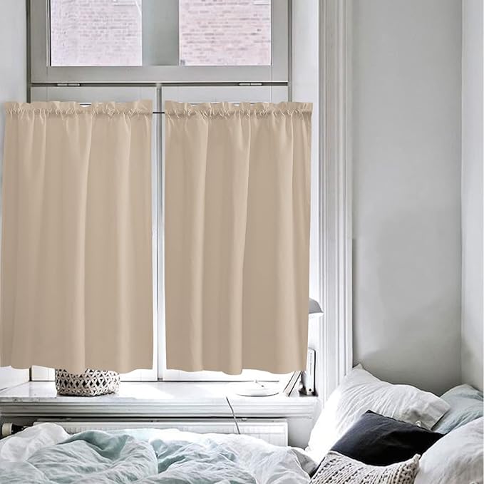 54 Inch Long Tier Curtains for Kitchen, Solid Color Light Khaki Bathroom Window Curtains Rod Pocket Short Curtains Window Treatment Tiers for Living Room Farmhouse 2 Panels