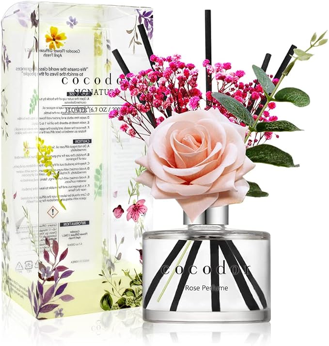 COCODOR Rose Reed Diffuser Set / 6.7oz / Rose Perfume/Scent Diffuser with Sticks Home Fragrance Reed Diffuser for Bathroom Shelf Decor for Women