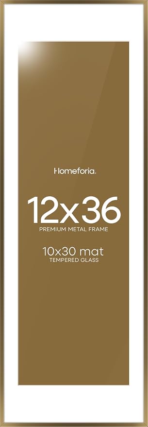 Homeforia 12x36 Picture Frame Bronze, High End Metal 12by36 Brass Poster Frames with Mat 10x30 Photo, 12 x 36 Panoramic Frames Matted to 10 by 30 Art, 36by12 Frames, Tempered Glass, Wall Kit, Set of 3