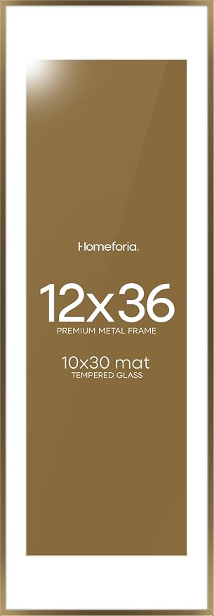 Homeforia 12x36 Picture Frame Bronze, High End Metal 12by36 Brass Poster Frames with Mat 10x30 Photo, 12 x 36 Panoramic Frames Matted to 10 by 30 Art, 36by12 Frames, Tempered Glass, Wall Kit, Set of 2