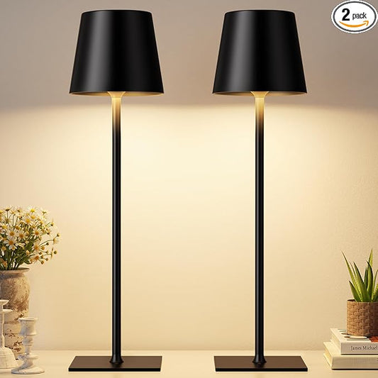Black Cordless Rechargeable Table Lamp, 2 Pack Portable Desk Lamp with 5000mAh Battery, Touch Control Stepless Dimming, Wireless Night Light for Dining, Outdoor Camping, Coffee Shop, Waterproof Design
