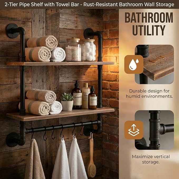 Industrial Pipe Shelving Bathroom Pipe Shelves with Towel Bar Over Toilet | 24 inch Pine Wood Floating Shelves for Wall Mounted Bedroom,Kitchen, Farmhouse, Living Room