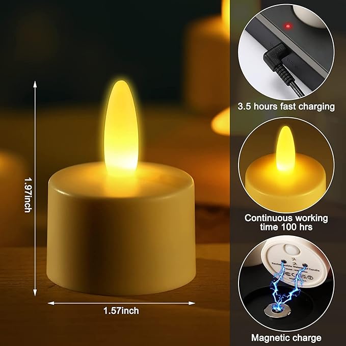 idyl light Rechargeable Tea Lights with Remote,100 Hours Flickering Working Waterproof Led Candles Lights for Centerpiece Home Wedding Party Decoration,Yellow,12 Pack