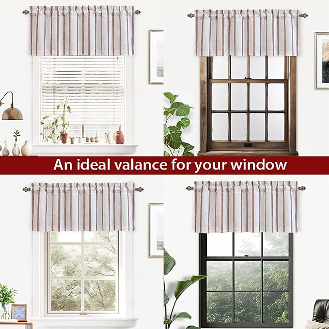 DriftAway Farmhouse Linen Lined Valance Double Layer Thermal Insulated Room Darkening Blackout Window Valances 3 Inch Rod Pocket Vertical Striped Kitchen Valance for Bathroom Single 52 x 18 Inch Red