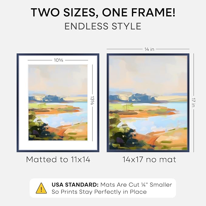 Homeforia 14x17 Picture Frame Navy Blue, High End Metal 14x17 Poster Frames with Mat 11x14 inch Photo, 14 x 17 Navy Blue Frame Matted to 11 by 14 Print, 17x14 Frame, Tempered Glass, Wall Kit, Set of 2