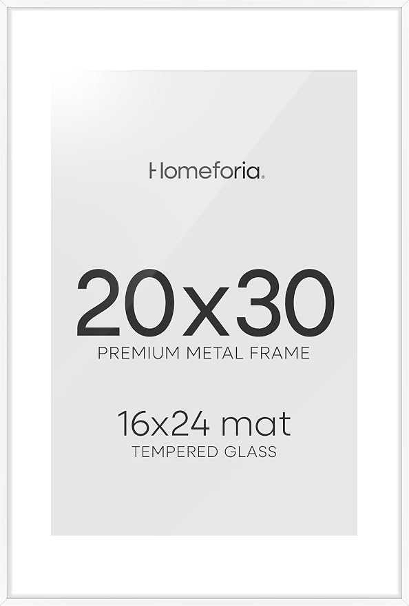 Homeforia 20x30 Poster Frame White, High End Metal 20 x 30 Picture Frames with Mat 16 by 24 inch Photo, 30x20 Large Frame for Wall, 20x30 Thin Frame Matted to 16x24, Tempered Glass, Wall Kit, Set of 2