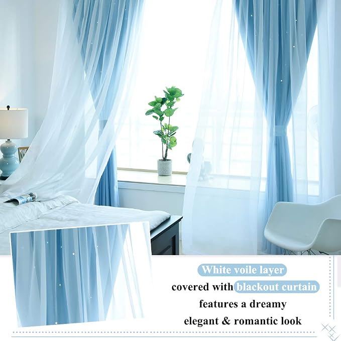 NICETOWN Kids Boys Blackout Curtains, Double-Deck Sheer Panel & Star Drapes for Living Room, Window Treatments with Tie Backs (Blue, 1 Pair, W52 x L95)