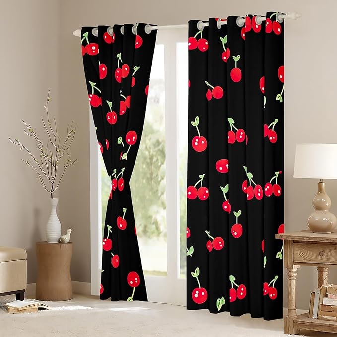 Girls Red Cherry Window Curtains, Kawaii Blackout for Kids Boys Adult Women, Cartoon Fruit Drapes 2 Panels, Cute Cherry for Bedroom Living Room Decor, 52"Wx63"L, Black Red