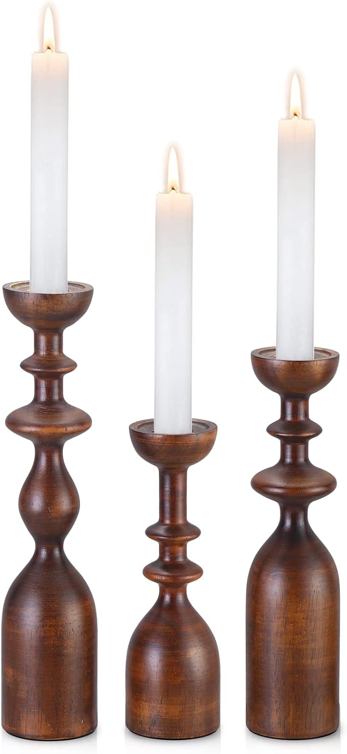 HOWSILAY Wood Candle Holders Set of 3, Fits Taper & Pillar Candles Brown | Solid Wood, 3 Assorted Heights, Farmhouse Table Centerpiece, Fits Taper LED Tea Pillar Candles, Non-Slip Base, Gift Box
