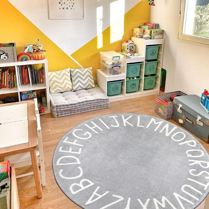 Topotdor Round Kids Play Rug Alphabet Nursery Area Rug Extra Large Soft Crawling Play Mat for Children Toddlers Bedroom (96 inch, Grey)