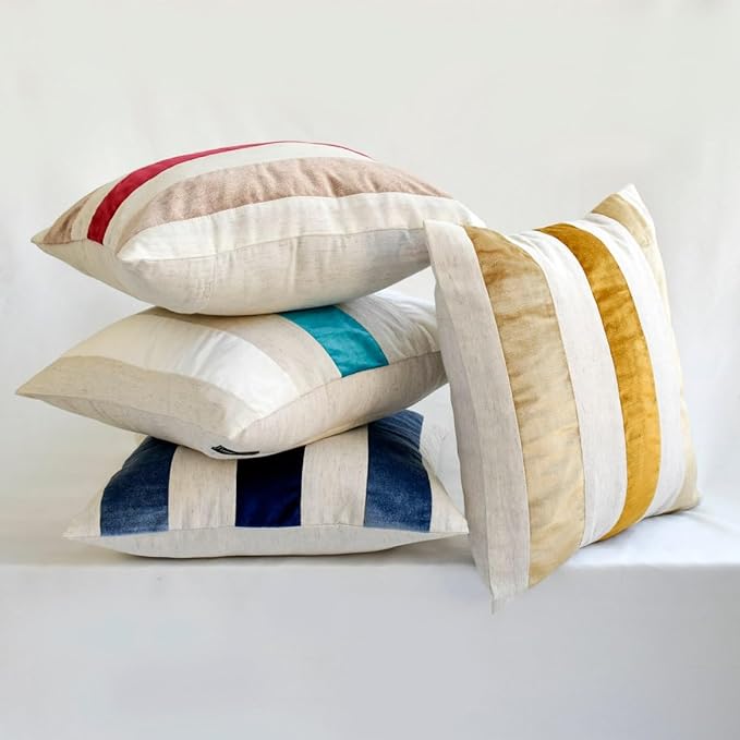 The HomeCentric Striped Decorative Throw Pillow Covers 26" x 26" | Modern Velvet Cushion Cover | Patchwork Gold Pillowcases for Couch, Sofa, Bed, or Living Room - Velvet Band Gold