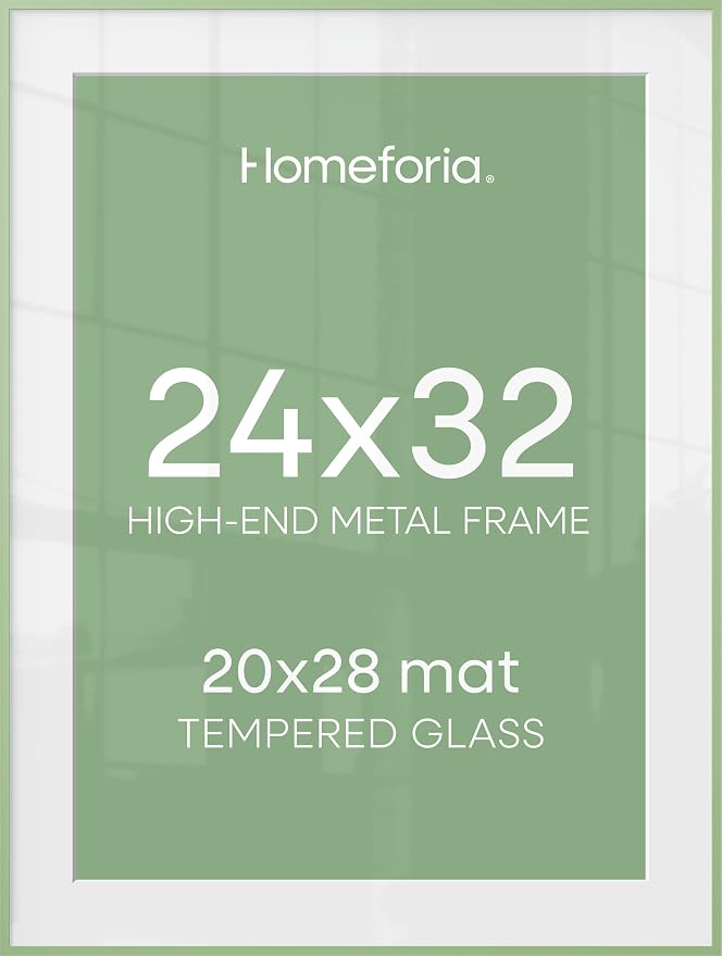 Homeforia 24x32 Sage Green Picture Frame, High End Metal 24x32 Poster Frames with Mat 20x28 inch Photo, 24 x 32 Thin Frame Matted to 20 x 28 Art, 32x24 Large Frames, Tempered Glass, Wall Kit, Set of 2