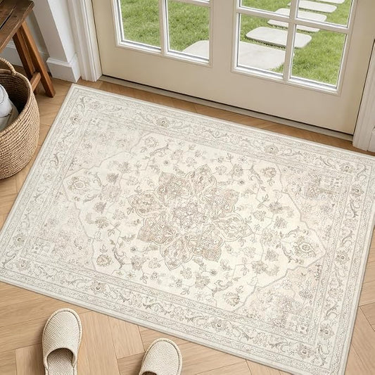 Machine Washable Area Rugs 2x3: Vintage Boho Neutral Washable Rug Indoor Soft Small Entryway Throw Carpet for Living Room Bedroom Kitchen Laundry Floor Non-Slip Low Pile Entrance Rug Beige White