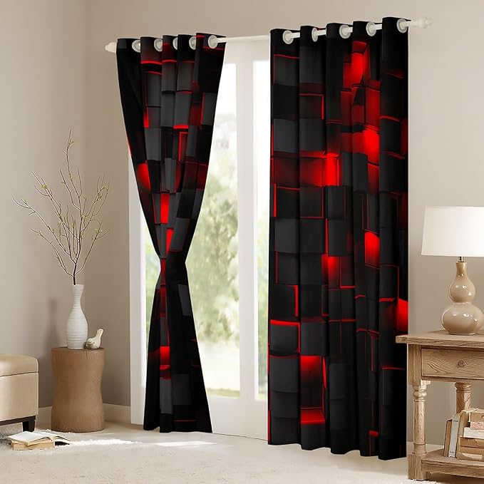 Feelyou Red and Black Darkening Drapes (2 Panels, 42 x 84 Inch) Light Geometric Curtains for Bedroom Living Room Kids Boys Girls Decor Blackout Curtains Modern Window Treatments