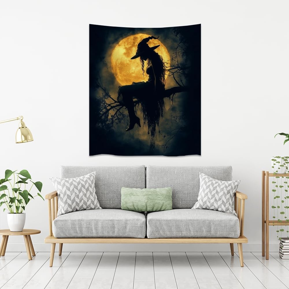 Halloween Witch Tapestry Wall Art Witchcore Moon Aesthetic Print Dark Academia Gothic Tapestries Wall Hanging Horror Ghost Halloween Party Decor for Home Living Room Bedroom 70x90inch