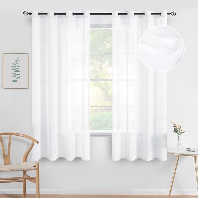 MIULEE 2 Panels White Semi Sheer Window Curtains 63 Inch Length Elegant Decoration Grommet Top Window Voile Drapes/Treatment Linen Textured Panels for Bedroom Living Room (54X63 Inches)
