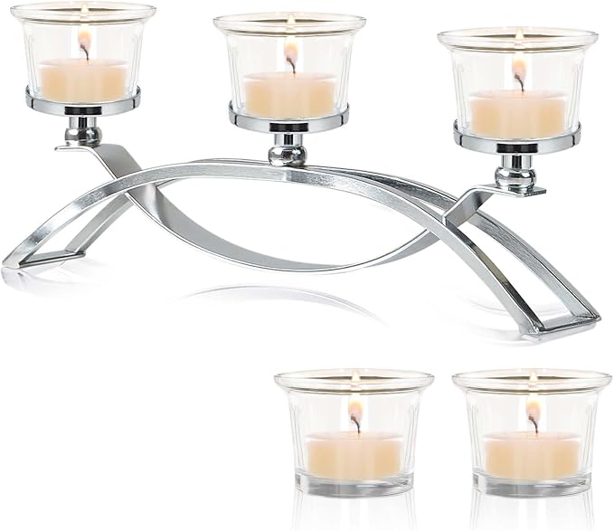 3-Arm Metal Tea Light Candle Holder Set with 5 Glass Cups, Votive Candle Holders Centerpiece Candelabra for Wedding Table Decor, Home Gatherings and Holidays (Silver, 5 Cups)
