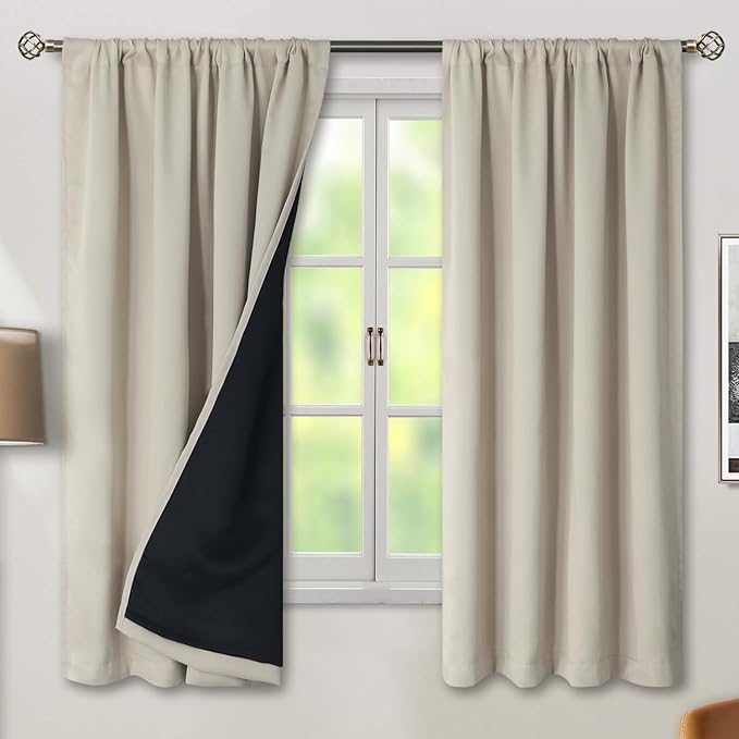 BGment 100% Room Darkening Thermal Insulated Blackout Curtains 63 Inches Long with Liner, Rod Pocket and Back Tab Double Layer Noise Reduce Curtains for Bedroom (42 x 63 Inch, 2 Panels, Cashmere)