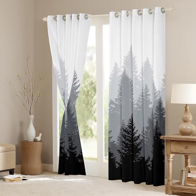 Smoky Mountain Window Curtains 52"Wx90"L,Smoky Fog 50% Blackout Curtains For Kids Boys Teens Men, Landscape Curtains Pine Tree Nature Window Drapes 2 Panels Bedroom Living Room Decor Black Grey