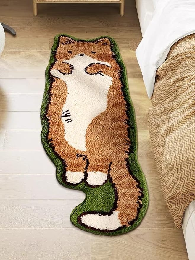 Cat Rugs, 1.3' X 3.9' Small Cute Irregular Shaped Rug for Bedroom Bathroom Room, Funny Cartoon Pet Area Carpet Kid Rugs, Cat Decor Dog Shaped Pet and Children Entryway Runner Rug (A Green Cat)