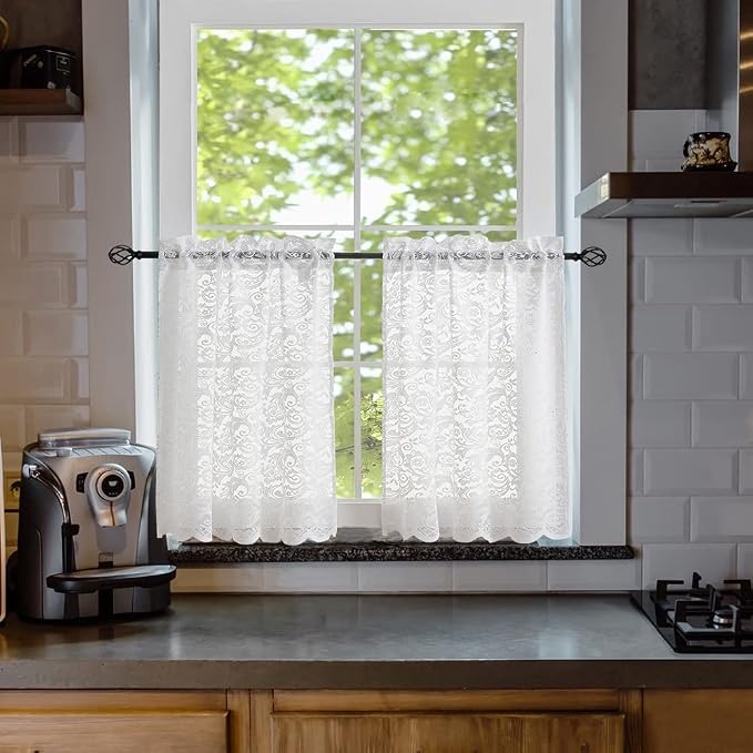 ALIGOGO White Cafe Curtains 24 inch Length Sets of 2 Chic Floral Lace Small Curtains for Camper Windows Basement Panels 2 Foot 26 W x 24 L Inch