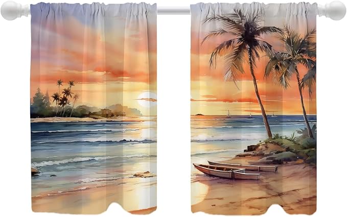 Shrahala Sunset Beach Blackout Curtain Tiers, Tropical Seaside Scene Kitchen Valance Light Blocking Tier Drapes with Rod Pocket, 2 Pack 26 X 36 in
