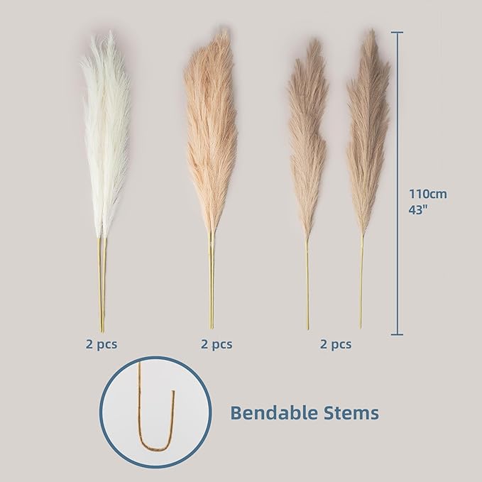 Pampas Grass Decor Tall, 43"/110cm Faux Pampas Grass 6 Stems Large Pompass Grass Branches Tall Bulk Boho Flower Arrangement for Home Room Wedding Party Decor