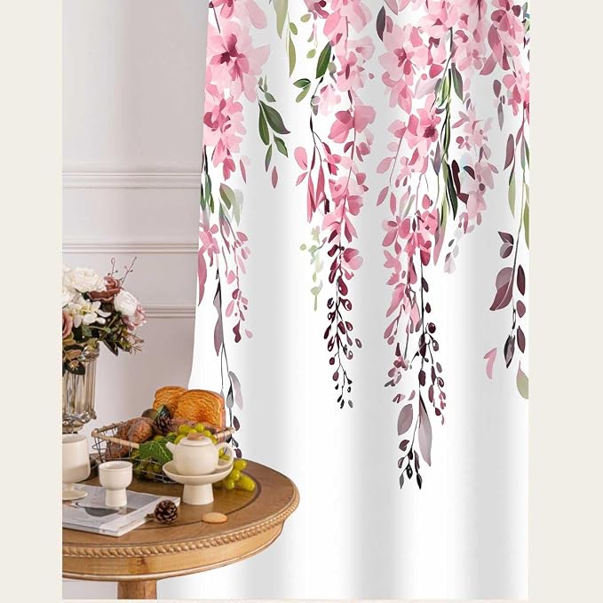 Pink Watercolor Floral Curtains, Botanical Leaves Vine Flowers Curtain, Rustic Farmhouse Flower Leaf Blackout Window Treatment Drapes for Bedroom Living Room 42x96 inch, 2 Panels