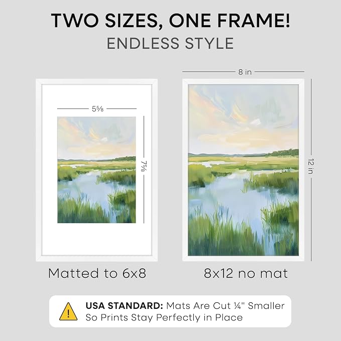 Homeforia 8x12 Picture Frame White, High End Metal 8 x 12 Poster Frames with Mat 6 by 8 for Photo, 12x8 Frame Matted to 6x8 inch Print, 8by12 Wall or Tabletop Frame, Tempered Glass, Wall Kit, Set of 1