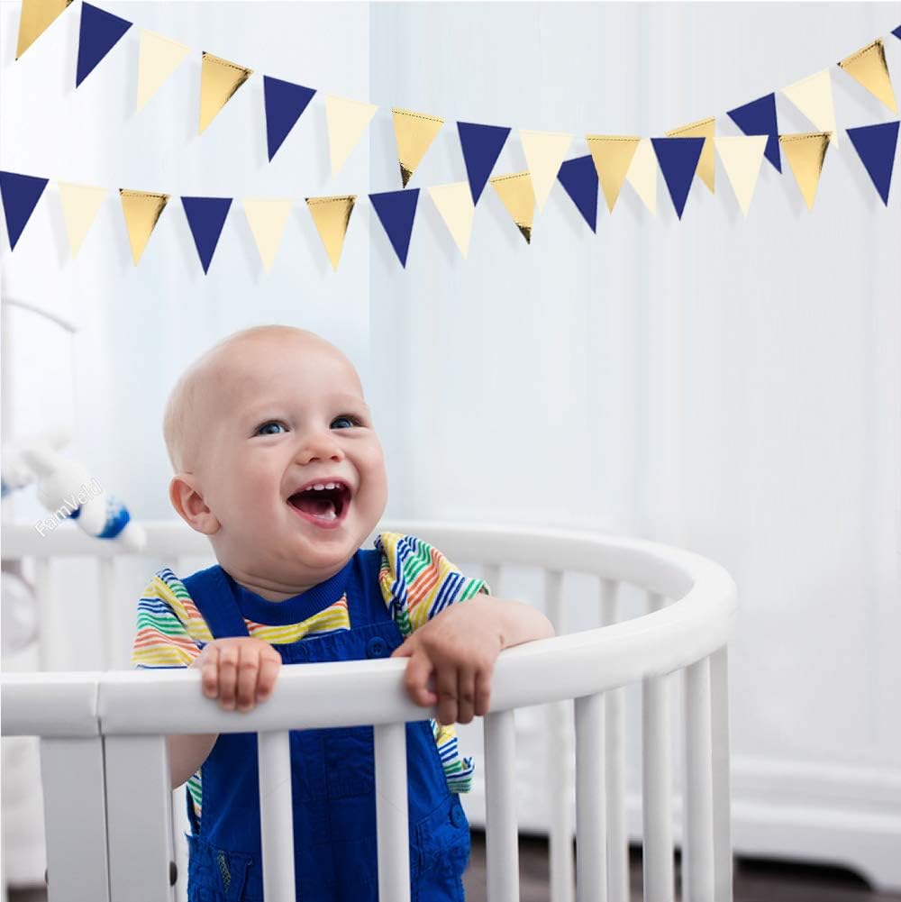 30Ft Navy Blue Gold and Beige Party Decorations Royal Blue Gold Triangle Flag Pennant Banner Bunting for Graduation Birthday Wedding Bridal Shower Nautical Ahoy Achor Theme Party Decorations Supplies